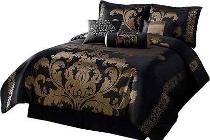 Chezmoi Collection 7-Piece Jacquard Floral Comforter Set/Bed-in-a-Bag Set, King, Black Gold - LeafyLoom