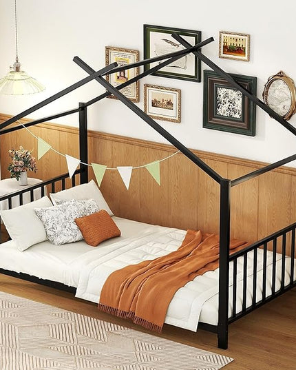 Twin Size Kids Montessori Floor Bed,House Bed Frame with High Headboard,Twin Floor Bed with Roof for Boys Girls,Floor Bed Metal Frame (Black) - LeafyLoom
