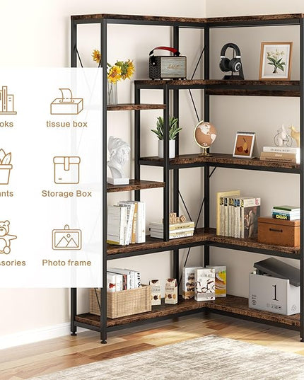 Shintenchi 5 Tiers Corner Bookshelf, 70.86" Tall L-Shaped Bookcase, Large Corner Etagere Bookcase, Corner Shelf Display Storage Rack with Metal Frame for Living Room Home Office, Rustic Brown - LeafyLoom