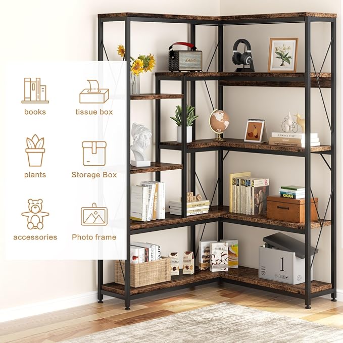 Shintenchi 5 Tiers Corner Bookshelf, 70.86" Tall L-Shaped Bookcase, Large Corner Etagere Bookcase, Corner Shelf Display Storage Rack with Metal Frame for Living Room Home Office, Rustic Brown - LeafyLoom