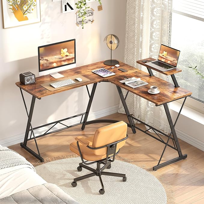 Mr IRONSTONE L Shaped Computer Desk: Corner Desk, Home Office Desk, Gaming Writing Workstation with Large Monitor Stand, Easy to Assemble (Rustic Brown,51 Inch) - LeafyLoom