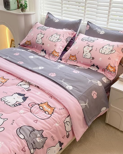 7 Piece Girls Cat Comforter Set Full Size Bed in A Bag Pink Cute Cartoon Pet Cats Bedding Set for Kids Boys Teens (1 Comforter, 1 Flat Sheet, 1 Fitted Sheet, 4 Pillow Sham) Gray - LeafyLoom