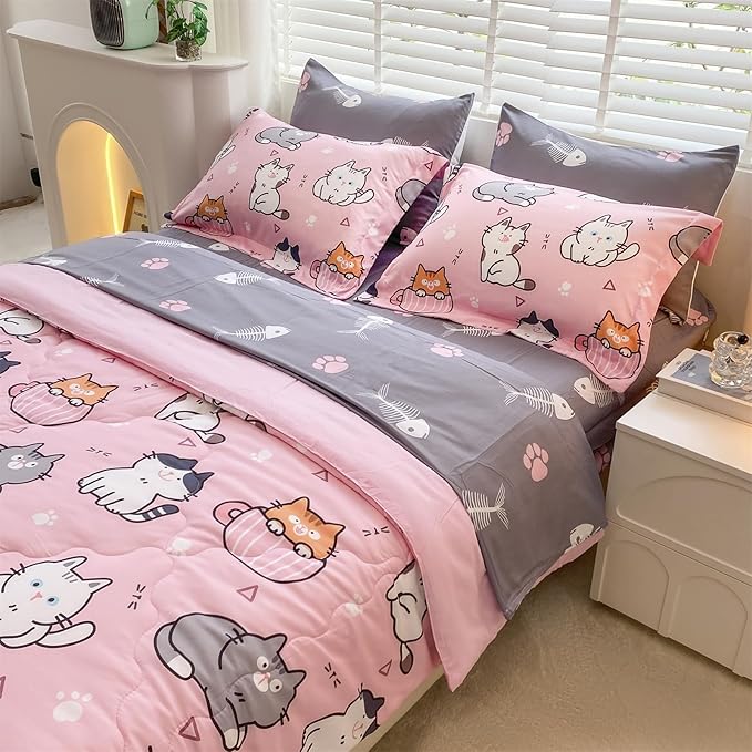7 Piece Girls Cat Comforter Set Full Size Bed in A Bag Pink Cute Cartoon Pet Cats Bedding Set for Kids Boys Teens (1 Comforter, 1 Flat Sheet, 1 Fitted Sheet, 4 Pillow Sham) Gray - LeafyLoom