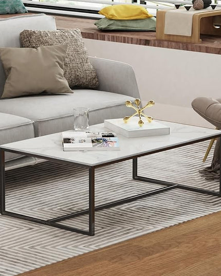Wisfor Sintered Stone Coffee Table: White Sofa Side Table with Black Metal Frame for Living Room, 39.4x23.6x15.7 Inch - LeafyLoom