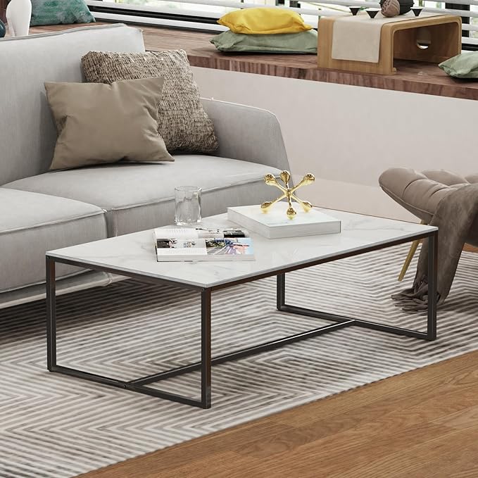 Wisfor Sintered Stone Coffee Table: White Sofa Side Table with Black Metal Frame for Living Room, 39.4x23.6x15.7 Inch - LeafyLoom