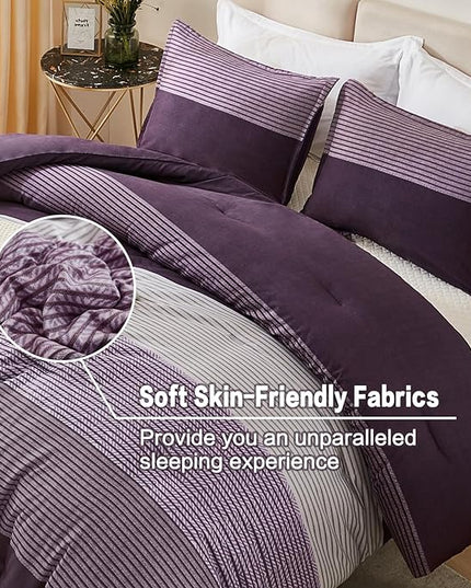 Litanika California King Comforter Set Purple - 3 Pieces Cal King Oversized Lightweight Purple White Colorblock Stripe Bedding Set (104x96In, 2 Pillowcases) - LeafyLoom