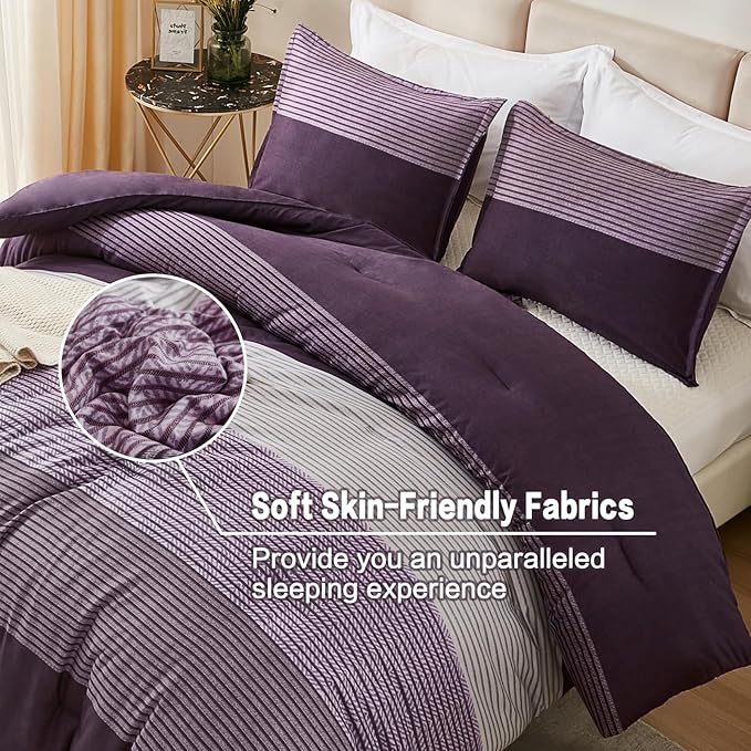 Litanika Purple King Comforter Set, 3 Pieces Striped Bedding Set, Lightweight Soft All Season Down Alternative Comforter Set with Corner Loops (1 Gray&Purple Comforter, 2 Pillowcases) - LeafyLoom