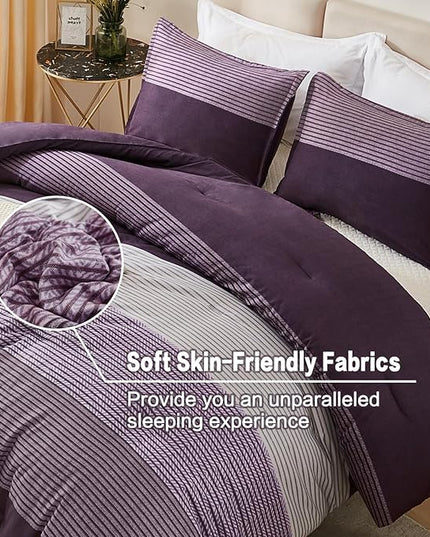 Litanika Purple Queen Comforter Set, 3 Pieces Striped Bedding Set, Lightweight Soft All Season Down Alternative Comforter Set (1 Gray&Purple Comforter, 2 Pillowcases) - LeafyLoom