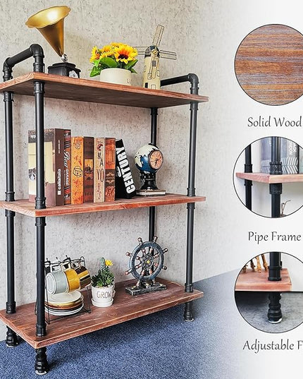 3 Tier Industrial Pipe Bookcase, Rustic Farmhouse Bookshelf with Solid Wood for Living Room, Kitchen, Office - LeafyLoom