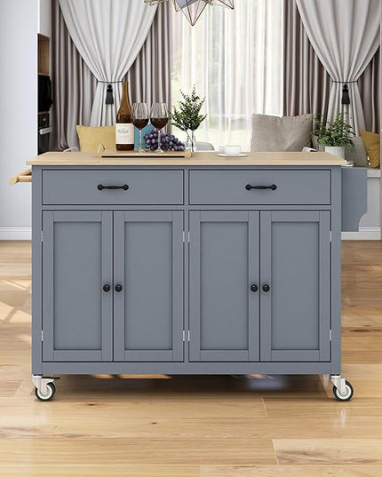 Kitchen Island Cart with Solid Wood Top, Mobile Kitchens Carts with Storage Cabinet, Rolling Kitchen Table w/Spice Rack, Towel Rack, and Drawer, Portable Islands on Wheels for Bar - LeafyLoom