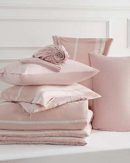 Bedsure Twin XL Comforter Set for College Girls, Pink Striped Bedding Comforter Sets All Season Bed Set with 1 Pillow Sham, Flat Sheet, Fitted Sheet and 1 Pillowcase - LeafyLoom