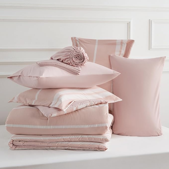 Bedsure Twin XL Comforter Set for College Girls, Pink Striped Bedding Comforter Sets All Season Bed Set with 1 Pillow Sham, Flat Sheet, Fitted Sheet and 1 Pillowcase - LeafyLoom