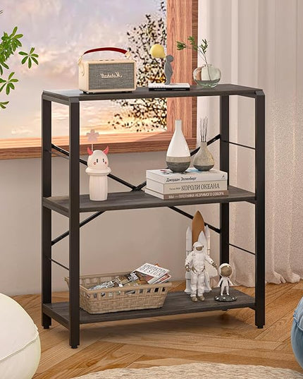FOLUBAN Industrial Small Bookshelf, 3 Tier Low Short Book Shelf, Metal and Wood BookCase for Small Spaces, Bedroom Living Room, Dark Gray - LeafyLoom