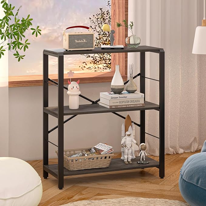 FOLUBAN Industrial Small Bookshelf, 3 Tier Low Short Book Shelf, Metal and Wood BookCase for Small Spaces, Bedroom Living Room, Dark Gray - LeafyLoom