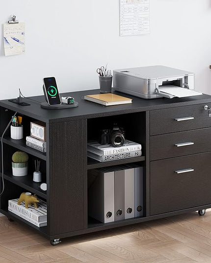 YITAHOME File Cabinet with Charging Station, Mobile Lateral Filing Cabinet with Lock for Home Office, Printer Stand with Open Storage Shelf, Fits A4, Letter, Legal Size Files, Office Furniture, Black - LeafyLoom