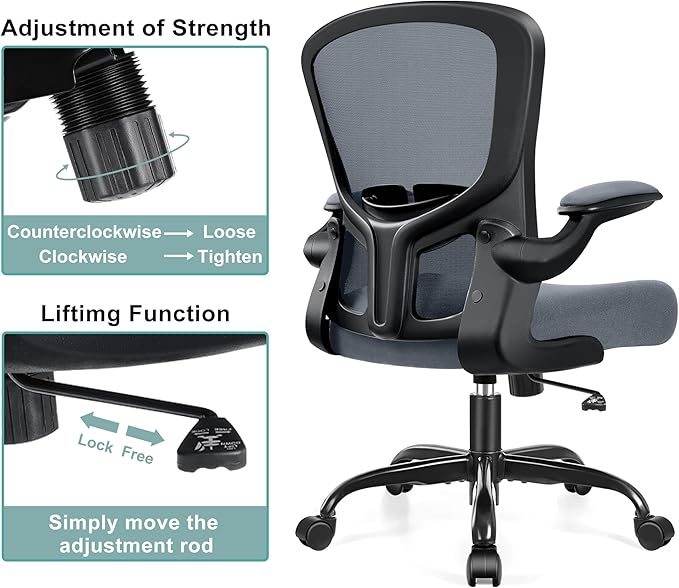 Ergonomic Office Chair, Lumbar Support Desk Chair with Flip-up Armrest and Breathable Mesh, Height Adjustable Swivel Office Chair Darkgray - LeafyLoom