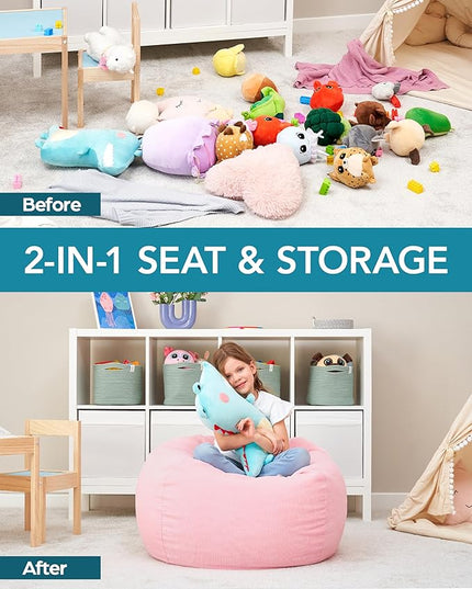 Stuffed Animal Bean Bag Storage (No Filler) - Machine Washable Kids Bean Bag Chair - Extra Large Pink Bean Bag Chair Cover Stuff Toys & Soft Items - Stuffed Animal Holder for Girls -Pink Corduroy - LeafyLoom