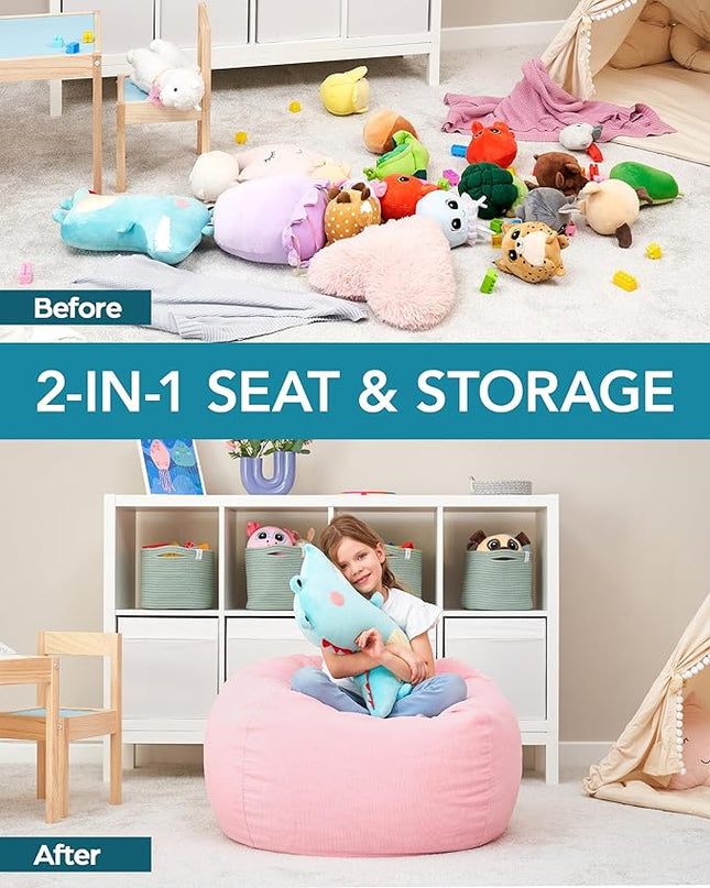 Stuffed Animal Bean Bag Storage (No Filler) - Machine Washable Kids Bean Bag Chair - Extra Large Pink Bean Bag Chair Cover Stuff Toys & Soft Items - Stuffed Animal Holder for Girls -Pink Corduroy - LeafyLoom