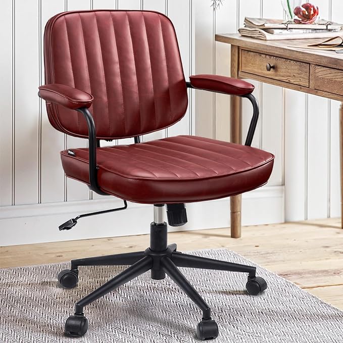 Mid Century Office Chair Leather Desk Chair Burgundy Office Desk Chair Home Office Chair with Wheels and Arms, by Artswish - LeafyLoom
