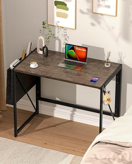 Folding Desk, Small Foldable Desk 31.5 Inch for Small Space, Computer Table Home Office Writing Desk with Storage Bag Headphone Hook, Easy Assembly, Brown - LeafyLoom