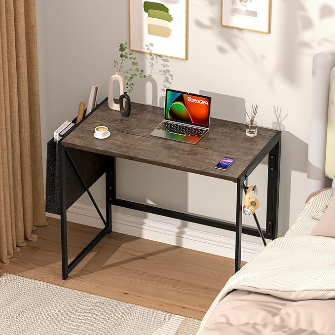 Folding Desk, Small Foldable Desk 31.5 Inch for Small Space, Computer Table Home Office Writing Desk with Storage Bag Headphone Hook, Easy Assembly, Brown - LeafyLoom