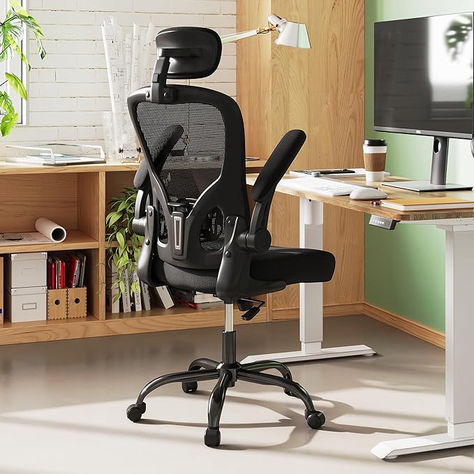 DEVAISE Mesh Computer Office Chair, High Back Ergonomic Desk Chair with Flip-up Armrests and Adjustable Headrest, Backrest and Lumbar Support, Black - LeafyLoom