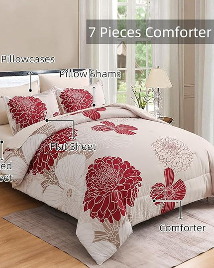 Yiran 7 Pieces Queen Comforter Set Red Floral Bed in a Bag Soft Microfiber Bedding Set 90"×90"(1 Comforter 1 Flat Sheet 1 Fitted Sheet 2 Pillowshams 2 Pillowcases) - LeafyLoom