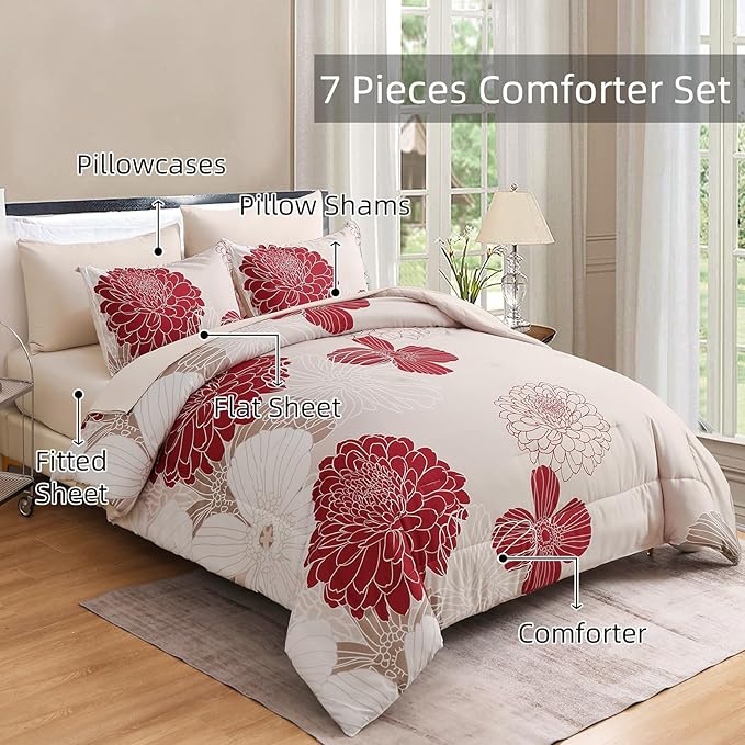 Yiran 7 Pieces Queen Comforter Set Red Floral Bed in a Bag Soft Microfiber Bedding Set 90"×90"(1 Comforter 1 Flat Sheet 1 Fitted Sheet 2 Pillowshams 2 Pillowcases) - LeafyLoom