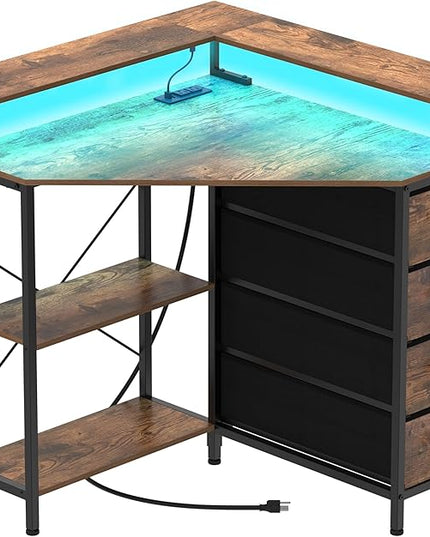 Corner Desk with Drawers Shelves for Small Space 90 Degrees Triangle Computer Desk with Power Outlets,Gaming Desk with LED Lights Monitor Stand for Home Office Workstation Writing Table (Brown) - LeafyLoom