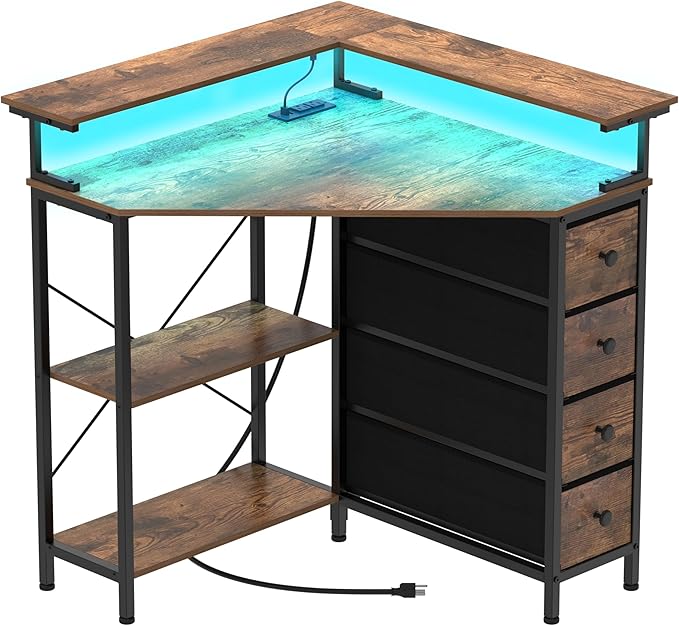 Corner Desk with Drawers Shelves for Small Space 90 Degrees Triangle Computer Desk with Power Outlets,Gaming Desk with LED Lights Monitor Stand for Home Office Workstation Writing Table (Brown) - LeafyLoom