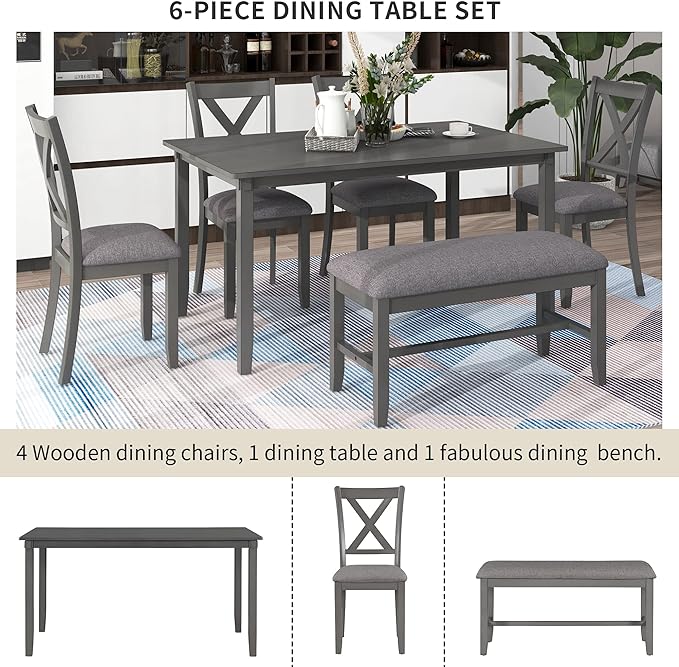 6-Piece Wooden Rectangular Dining Table Set with Bench and 4 Upholstered Chairs for Kitchen Living Room, Farmhouse Rustic Style, Gray, 60''L x 36''W x 30''H - LeafyLoom