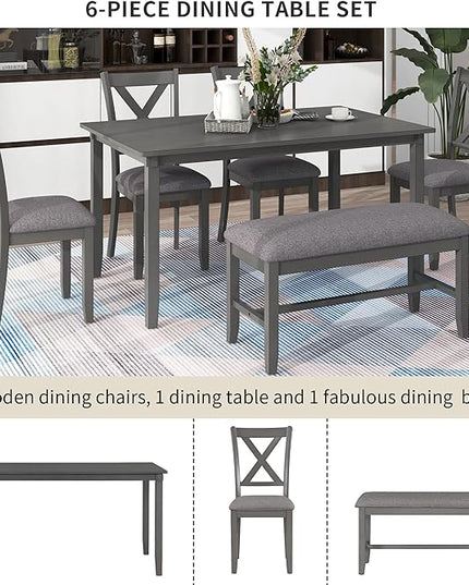 Dining Table Set for 6, Wood Rectangular Dining Table and 4 Fabric Chairs & Bench, 6-Piece Kitchen Table Set for Dining Room and Living Room, Charcoal Grey - LeafyLoom