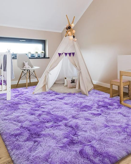 4x6 Large Area Rugs for Living Room, Super Soft Fluffy Modern Bedroom Rug, Tie-Dyed Purple Indoor Shag Fuzzy Carpets for Girls Kids Nursery Room Home Decor - LeafyLoom