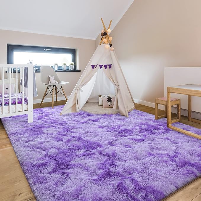 5x8 Large Area Rugs for Living Room, Super Soft Fluffy Modern Bedroom Rug, Tie-Dyed Purple Indoor Shag Fuzzy Carpets for Girls Kids Nursery Room Home Decor - LeafyLoom