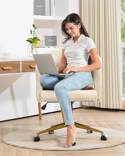 Home Office Chair, Corduroy Swivel Desk Chairs, Modern Computer Chair with Wheels and Gold Base, Comfy Arm Chair for Bedroom, Living Room, Study, Vanity Room, Light Yellow - LeafyLoom