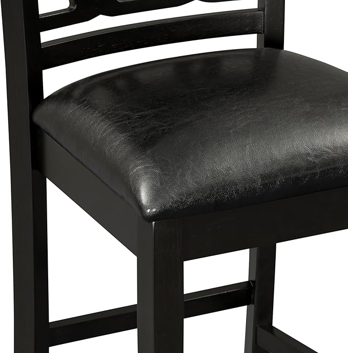 5-Piece Retro Counter Height Round Dining Table Set with Faux Marble Veneer and Bottom Shelf, 4 PU Leather Upholstered Chairs, for Kitchen, Breakfast Nook, Bar, Living Room, Dark Espresso - LeafyLoom