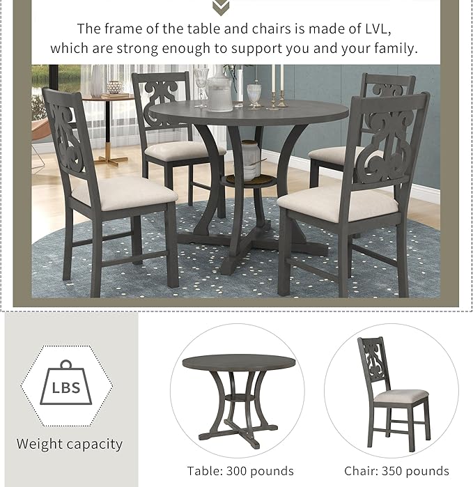 5-Piece Round Dining Set, Include Solid Wood Table with Storage Shelf, Special-shaped Legs and an Exquisitely Designed Upholstered Chair for Diningroom, Living Room, Kitchen, Brown+Grey - LeafyLoom