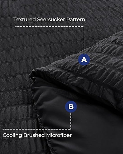 HYMOKEGE Seersucker Comforter Set Full Size 3 Pieces, Lightweight Comforter Sets for Bedding, Bed Set with 1 All Season Soft Down Alternative Comforter and 2 Pillow Shams, Black - LeafyLoom