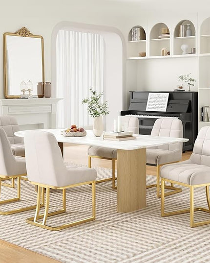 STARY Upholstered Velvet Armless Dining Room Chairs with Gold Metal Legs for Kitchen Restaurant, Beige- Set of 4 - LeafyLoom