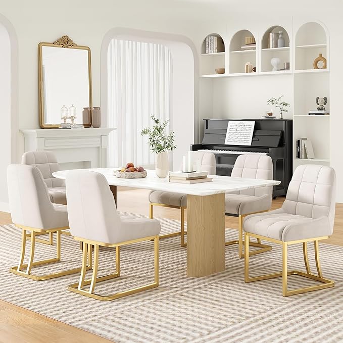 STARY Upholstered Velvet Armless Dining Room Chairs with Gold Metal Legs for Kitchen Restaurant, Beige- Set of 2 - LeafyLoom