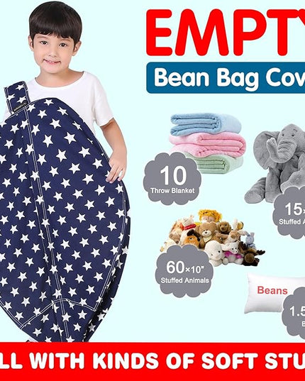 Lukeight Stuffed Animal Storage Bean Bag Chair Cover for Kids, Zipper Beanbag Chair Cover for Organizing Toddler & Kids' Rooms Plush Toys (Stars Navy, Large) - LeafyLoom