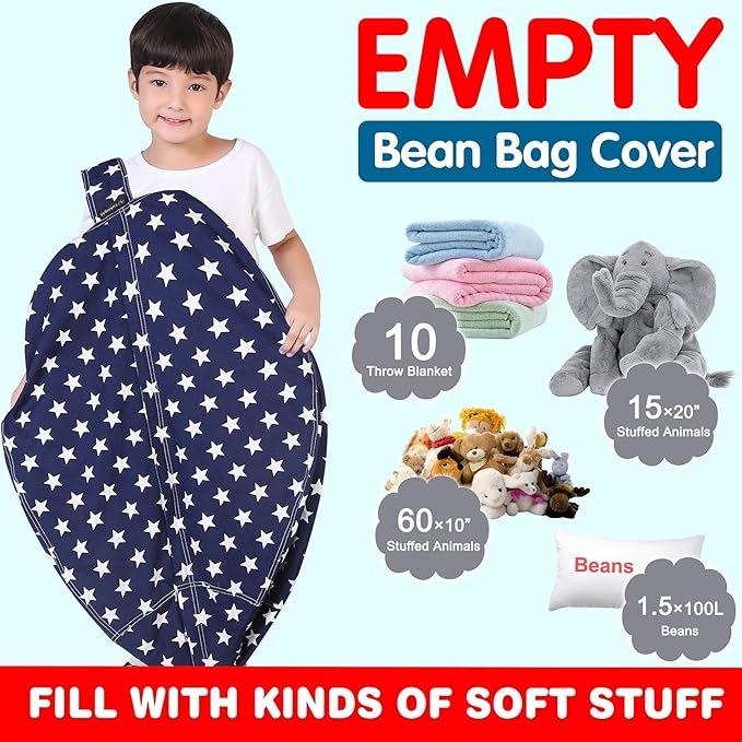 Lukeight Stuffed Animal Storage Bean Bag Chair Cover for Kids, Zipper Beanbag Chair Cover for Organizing Toddler & Kids' Rooms Plush Toys (Stars Navy, Large) - LeafyLoom