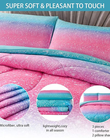 JQinHome Queen 3Pcs Glitter Comforter Sets for Girls, 3D Colorful Duvet Pink Rainbow Themed Bedding, All-Season Reversible Quilted Duvet,for Girls Women- includes 1 Comforter, 2 Pillowcases - LeafyLoom
