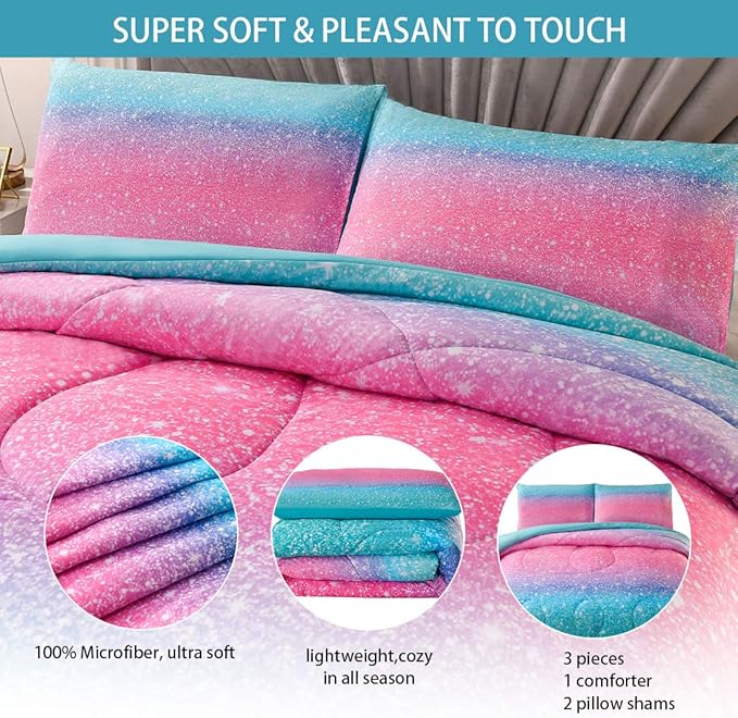 JQinHome Queen 3Pcs Glitter Comforter Sets for Girls, 3D Colorful Duvet Pink Rainbow Themed Bedding, All-Season Reversible Quilted Duvet,for Girls Women- includes 1 Comforter, 2 Pillowcases - LeafyLoom