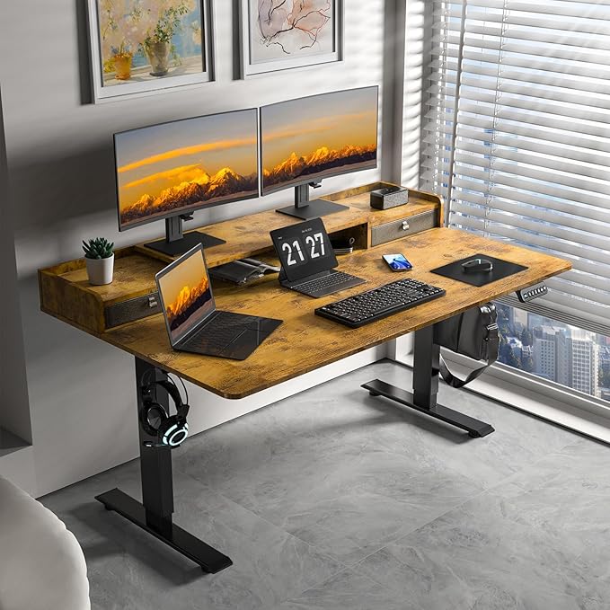 63×30 Inch Electric Standing Desk with 2 Drawers, Adjustable Height Widened Stand Up Desk with Storage Shelf, Sit to Stand Ergonomic Workstation for Home Office - LeafyLoom