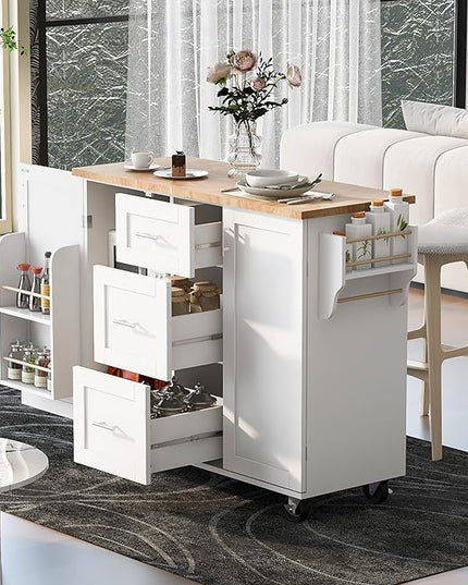 Rolling Kitchen Island with 3 Drawer and 2 Slide-Out Shelf,Rubber Wood Top Cart W/Spice-Rack & Tower-Rack,Internal Storage Rack,for Home Refectory,White - LeafyLoom