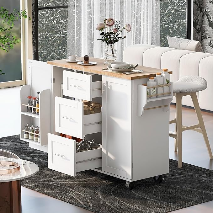 Rolling Kitchen Island with 3 Drawer and 2 Slide-Out Shelf,Rubber Wood Top Cart W/Spice-Rack & Tower-Rack,Internal Storage Rack,for Home Refectory,White - LeafyLoom