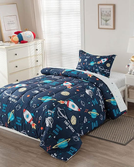 Planet Twin Comforter Set for Boys Girls 4-Piece Rocket Kids Bedding Sets Galaxy Space Stars Bedroom Decor - Include Reversible Comforter, Flat Sheet, Fitted Sheet and Pillowcase - LeafyLoom
