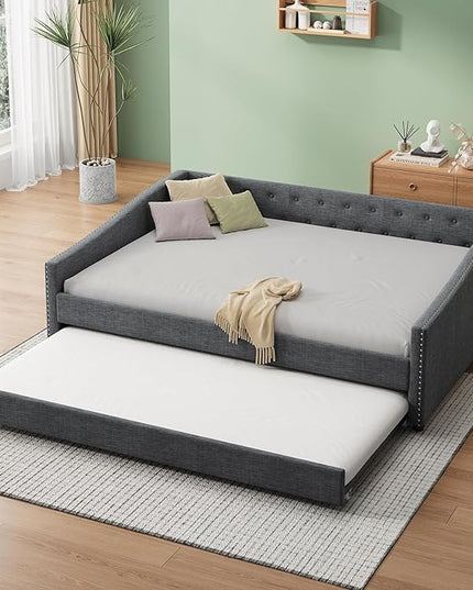 Full Daybed Frame with Trundle,Upholstered Sofa Bed W/Button & Nailhead Tufted Design,Wood Slats Support,Saving Space,Linen Fabric Bedframe for Living Room Bedroom Apartment,Dark Gray - LeafyLoom