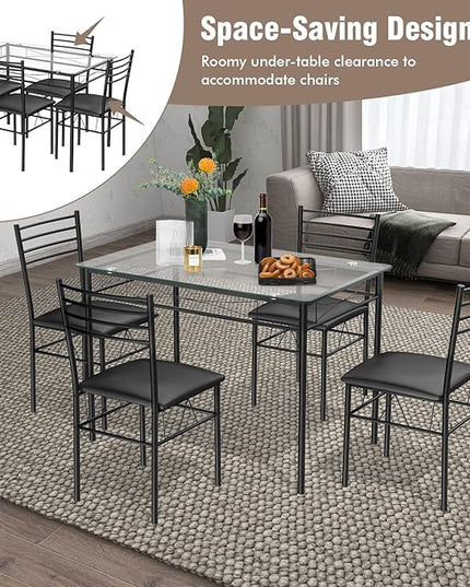 Tangkula 5 Pieces Dining Set 4 Person Home Kitchen Glass Top Table and Chairs Breakfast Furniture, 43.5 x 27.5 x 30 inches,16 x 17 x 34 inches, Black - LeafyLoom